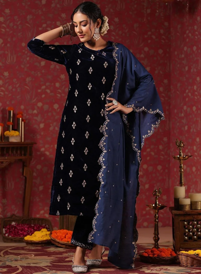 آي شين Women's Navy Velvet Embellished Tunic Full Length Casual Straight Fit Kurta Set